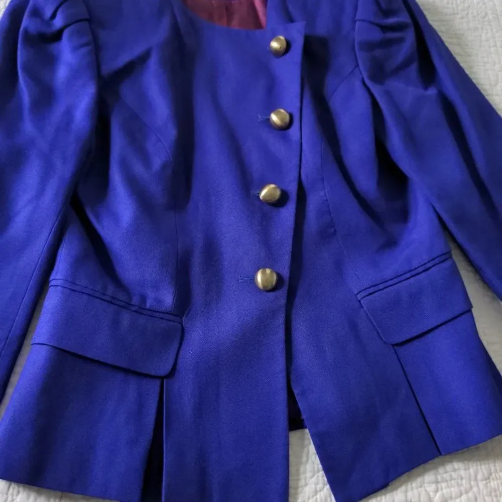 Vintage 80s Michelle Stuart Blazer Purple Gold Button Corpcore Size 8P